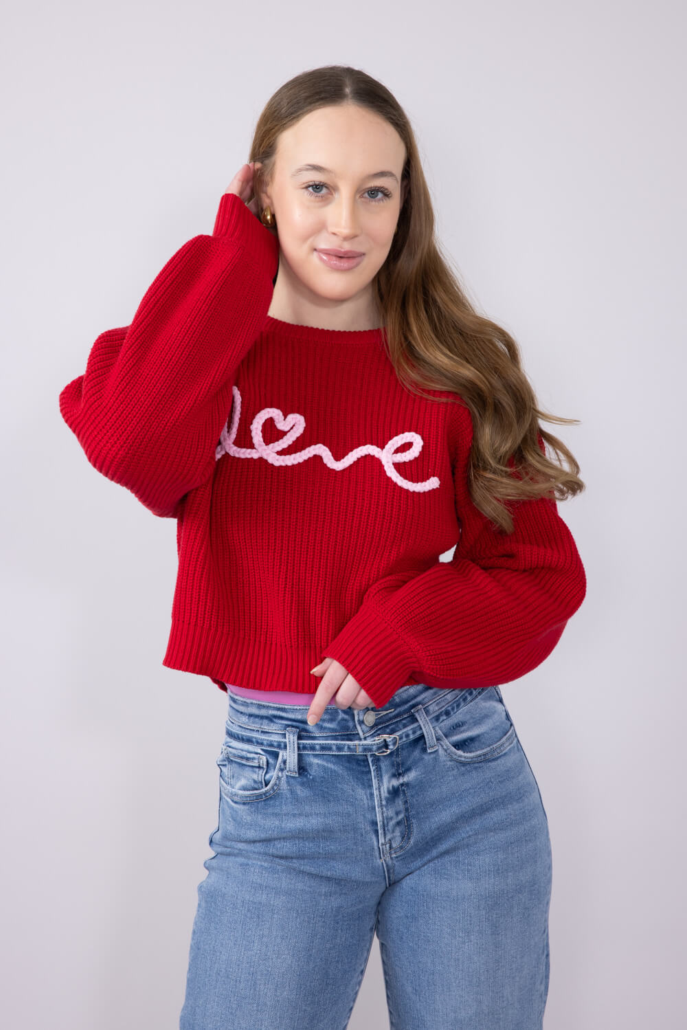 Embroidered Love Sweater for Women in Red