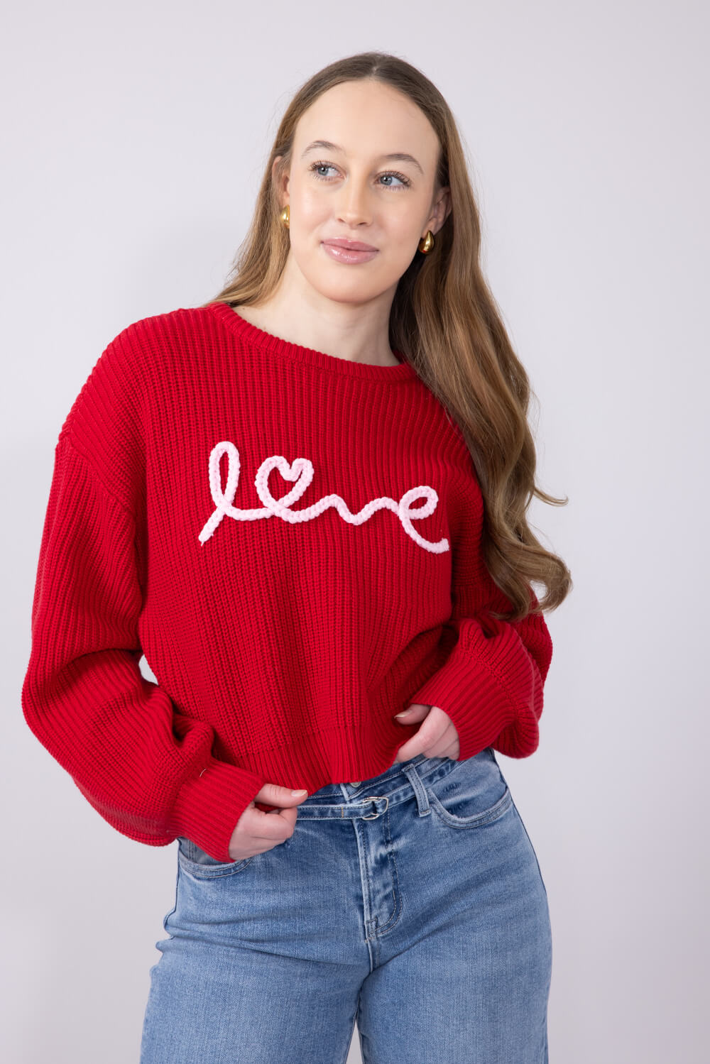 Embroidered Love Sweater for Women in Red