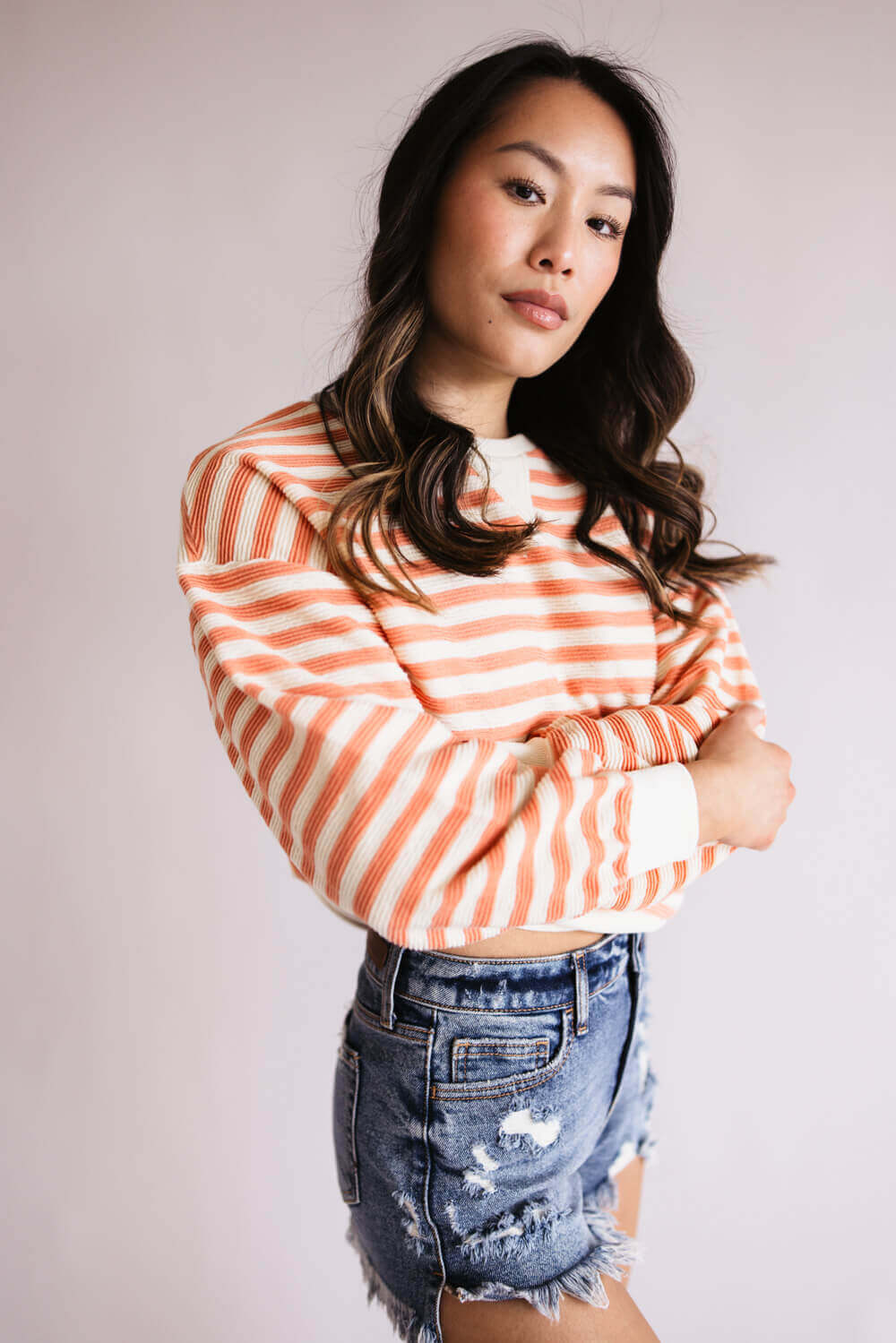 Blu Pepper Contrast Ribbed Stripe Knit Top for Women in Peach