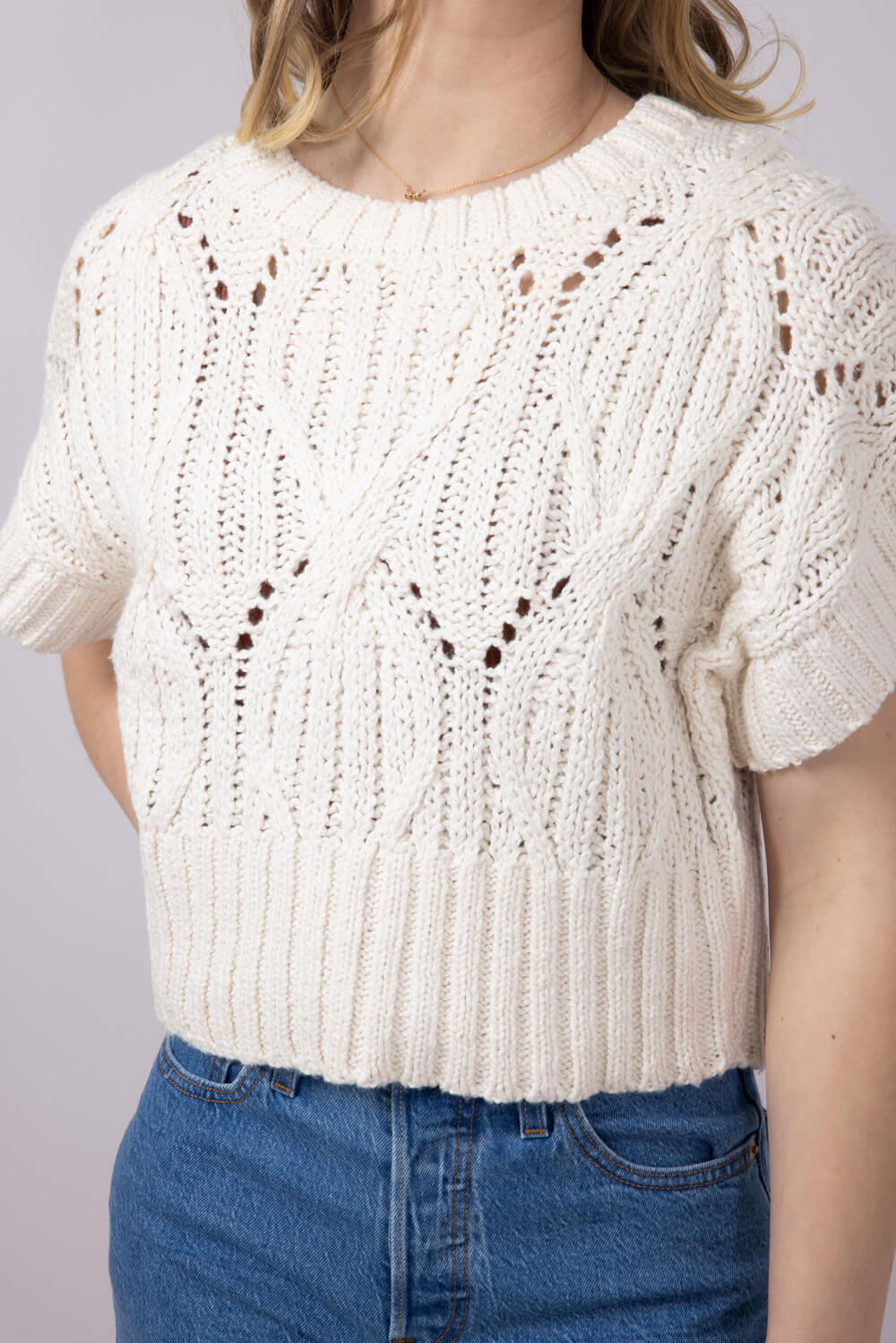 Knit Short Sleeve Sweater for Women in Cream