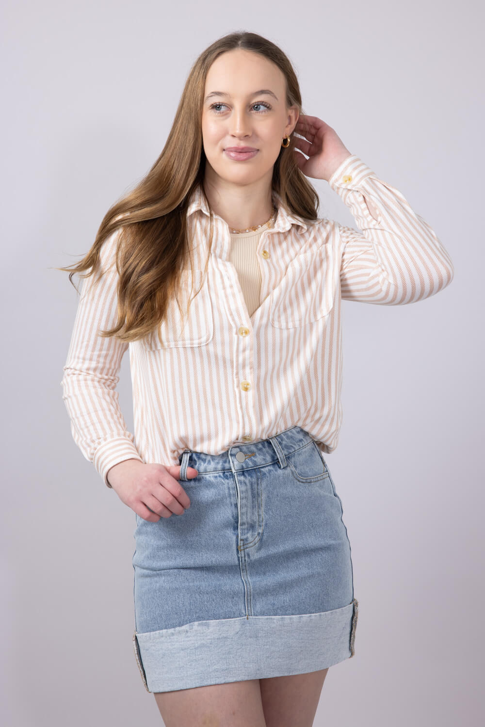 C&C California Marina Luxe Button Up Stripe Shirt for Women in Tan