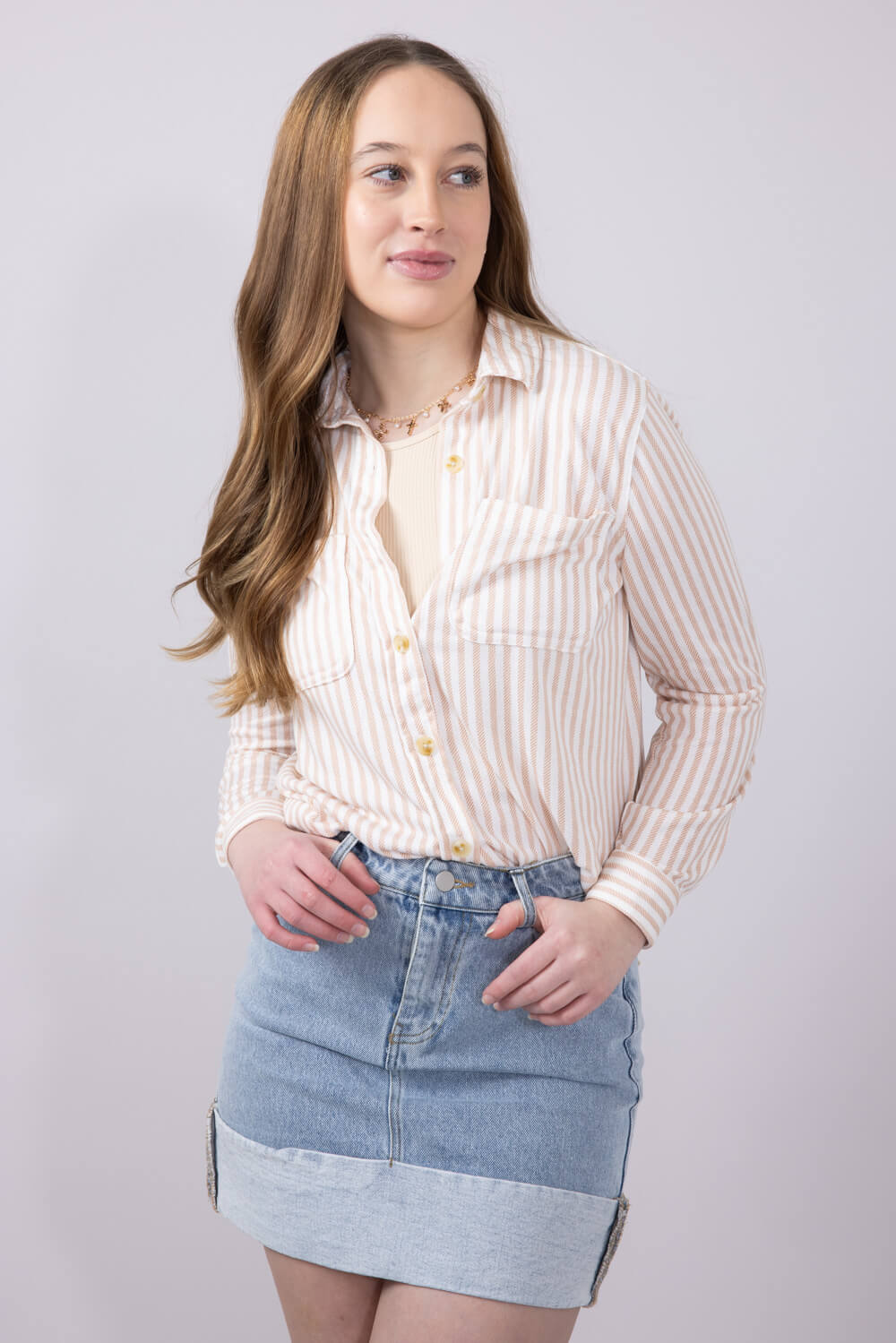 C&C California Marina Luxe Button Up Stripe Shirt for Women in Tan