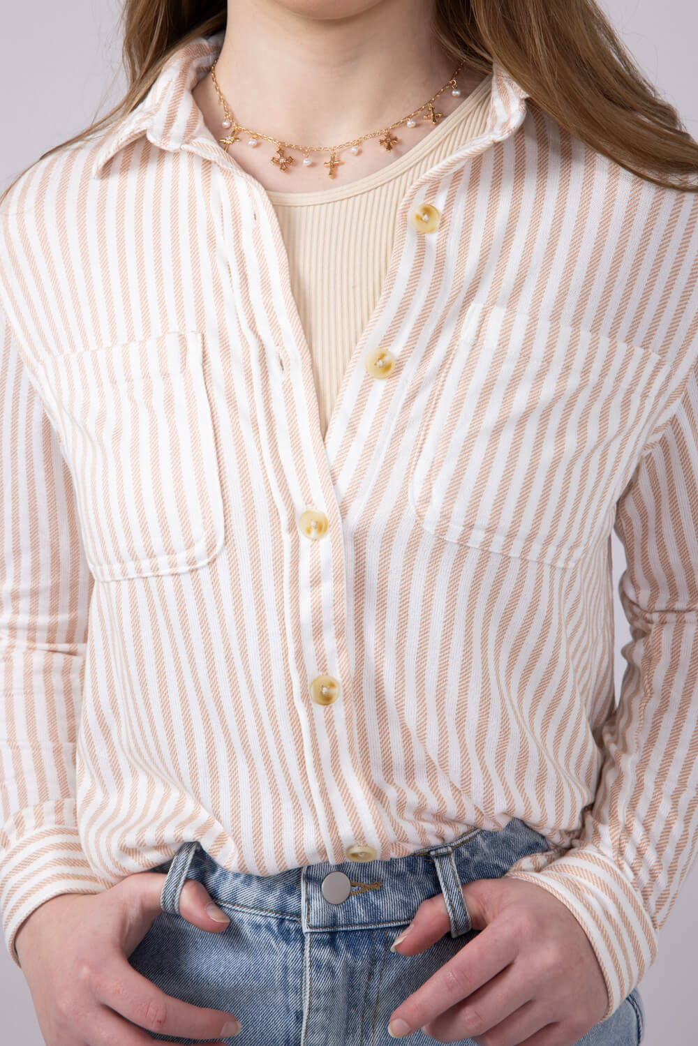 C&C California Marina Luxe Button Up Stripe Shirt for Women in Tan