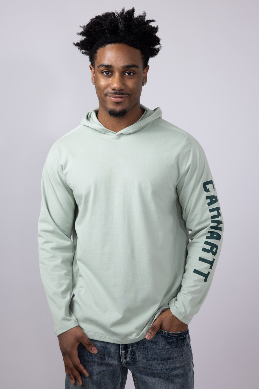 Carhartt Force Relaxed Fit Midweight Long Sleeve Logo Hooded T-Shirt for Men in Sage