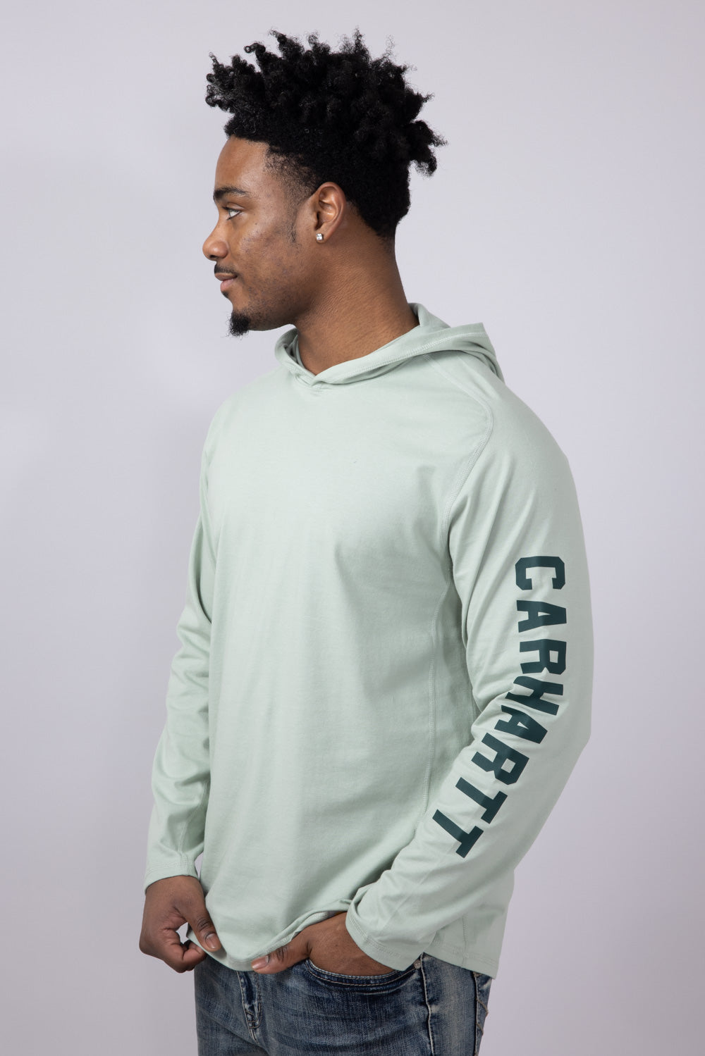 Carhartt Force Relaxed Fit Midweight Long Sleeve Logo Hooded T-Shirt for Men in Sage