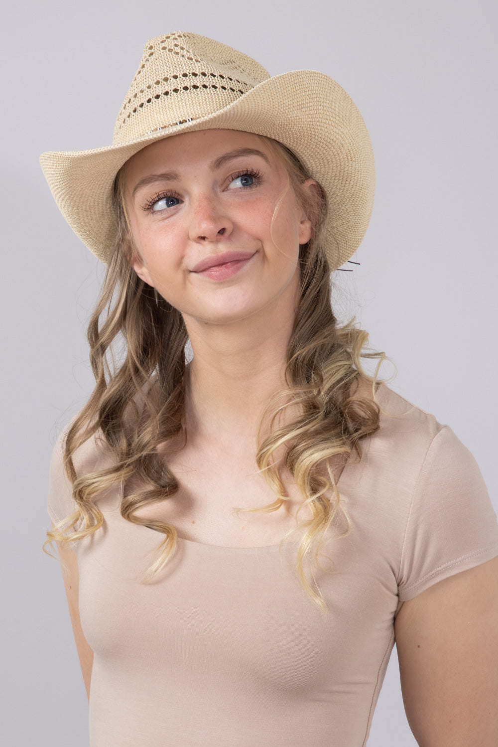 C.C. Woven Beaded Charm Cowgirl Hat for Women in Beige