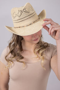 C.C. Woven Beaded Charm Cowgirl Hat for Women in Beige