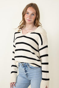 Stripe Collared Sweater for Women in Natural