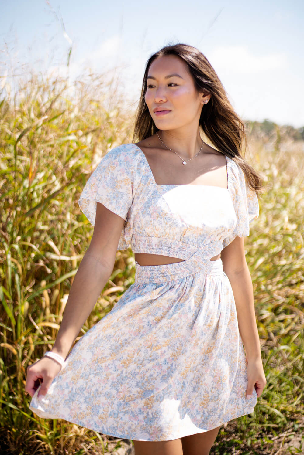 Cutout Floral Dress for Women in Blue Floral
