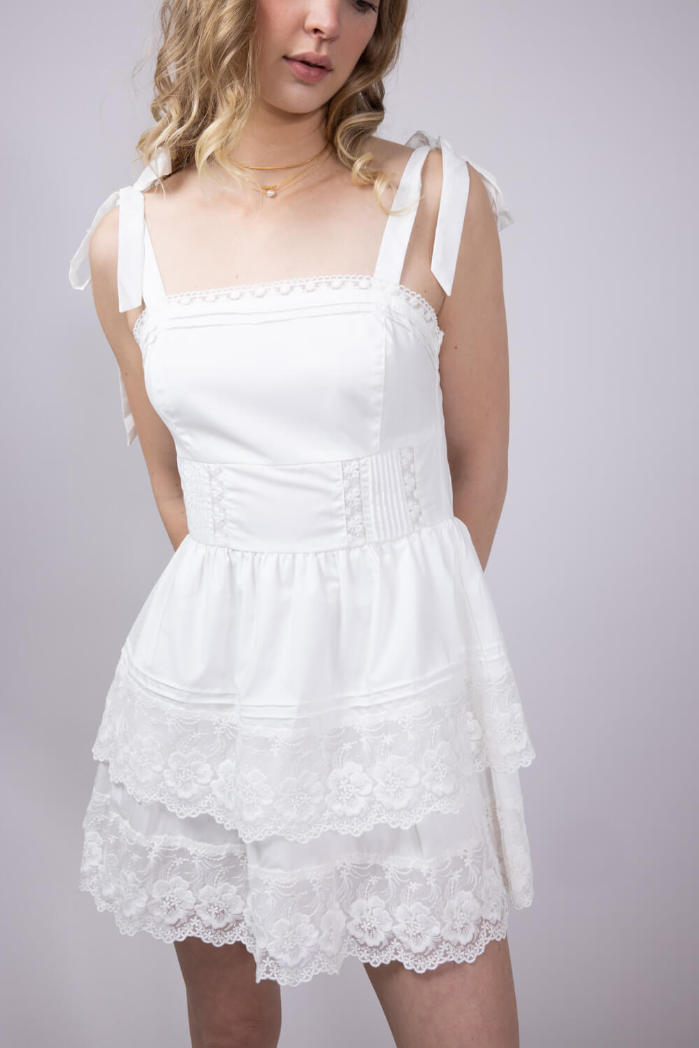 Shoulder Tie Tiered Mini Dress for Women in Off White
