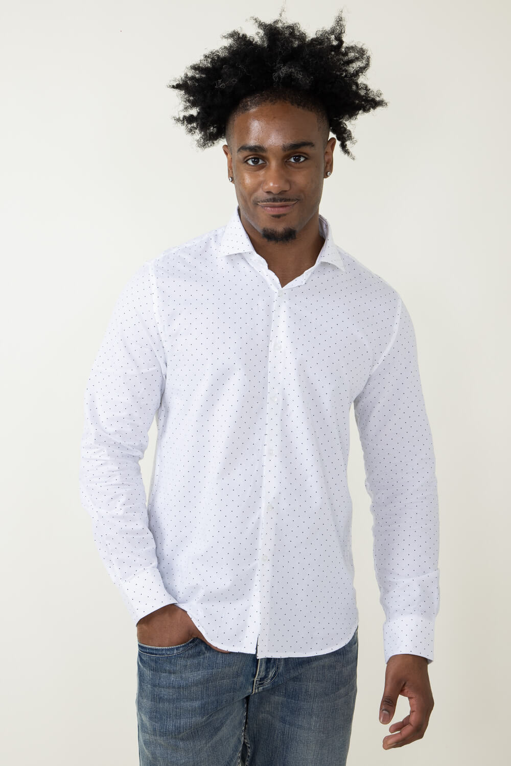 Denim & Flower Dobby Dots Long Sleeve Shirt for Men in White