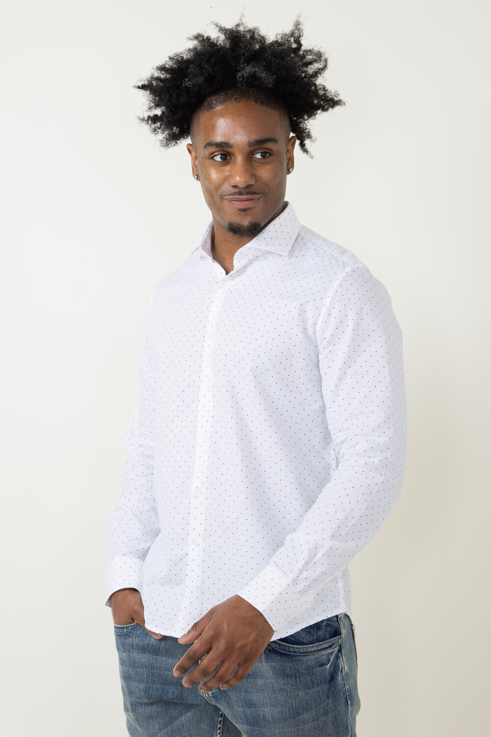 Denim & Flower Dobby Dots Long Sleeve Shirt for Men in White