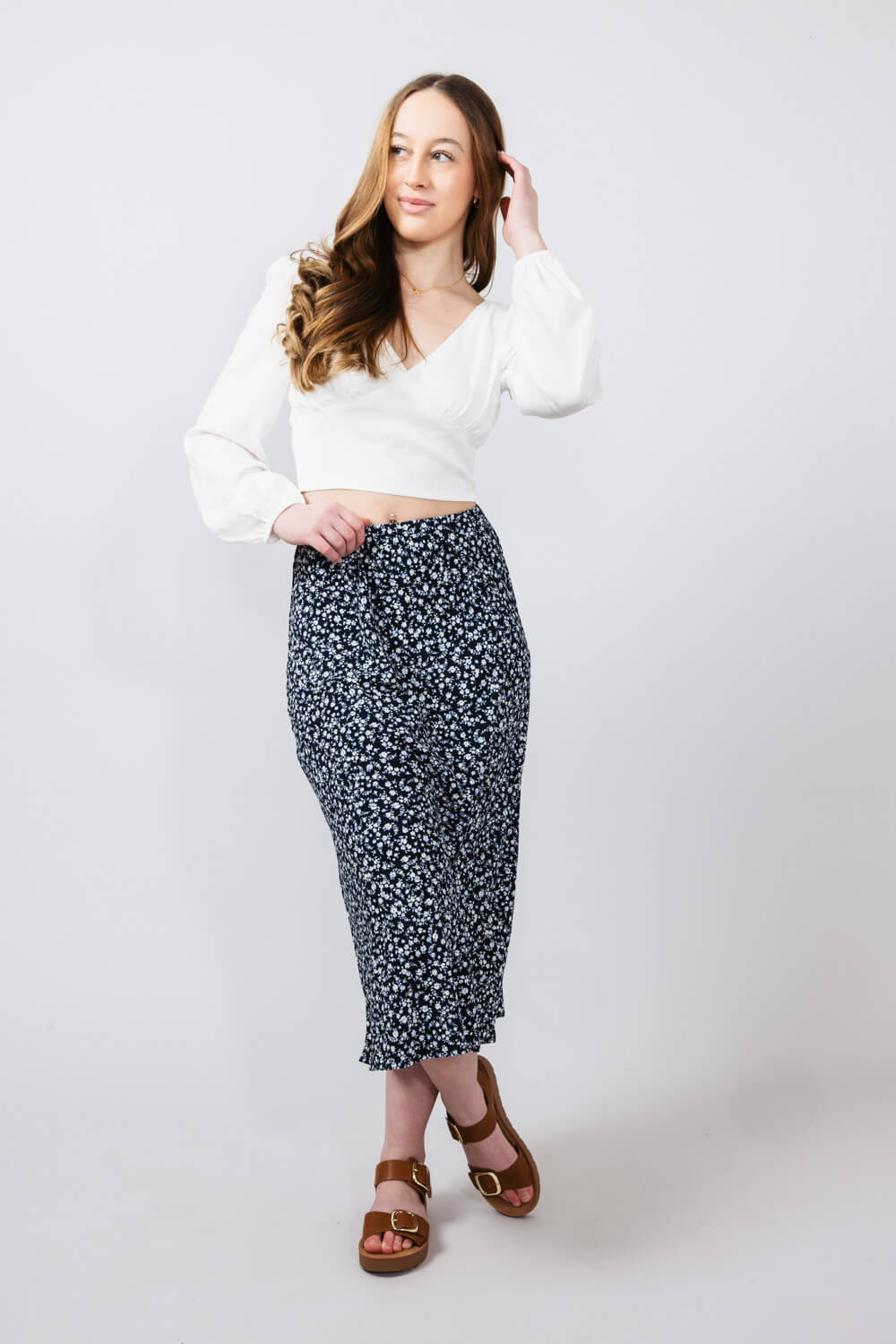 Ditsy Floral Midi Skirt for Women in Navy