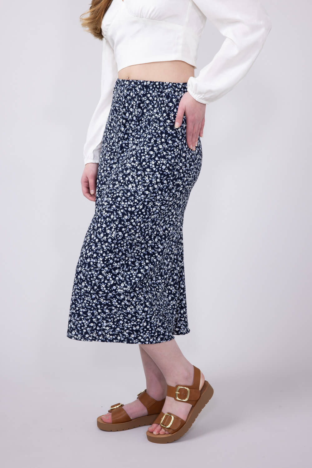 Ditsy Floral Midi Skirt for Women in Navy