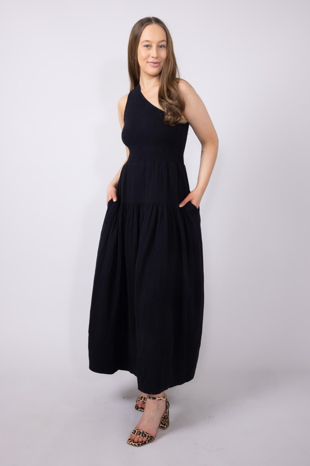 Elan One Shoulder Smocked Dress for Women in Black
