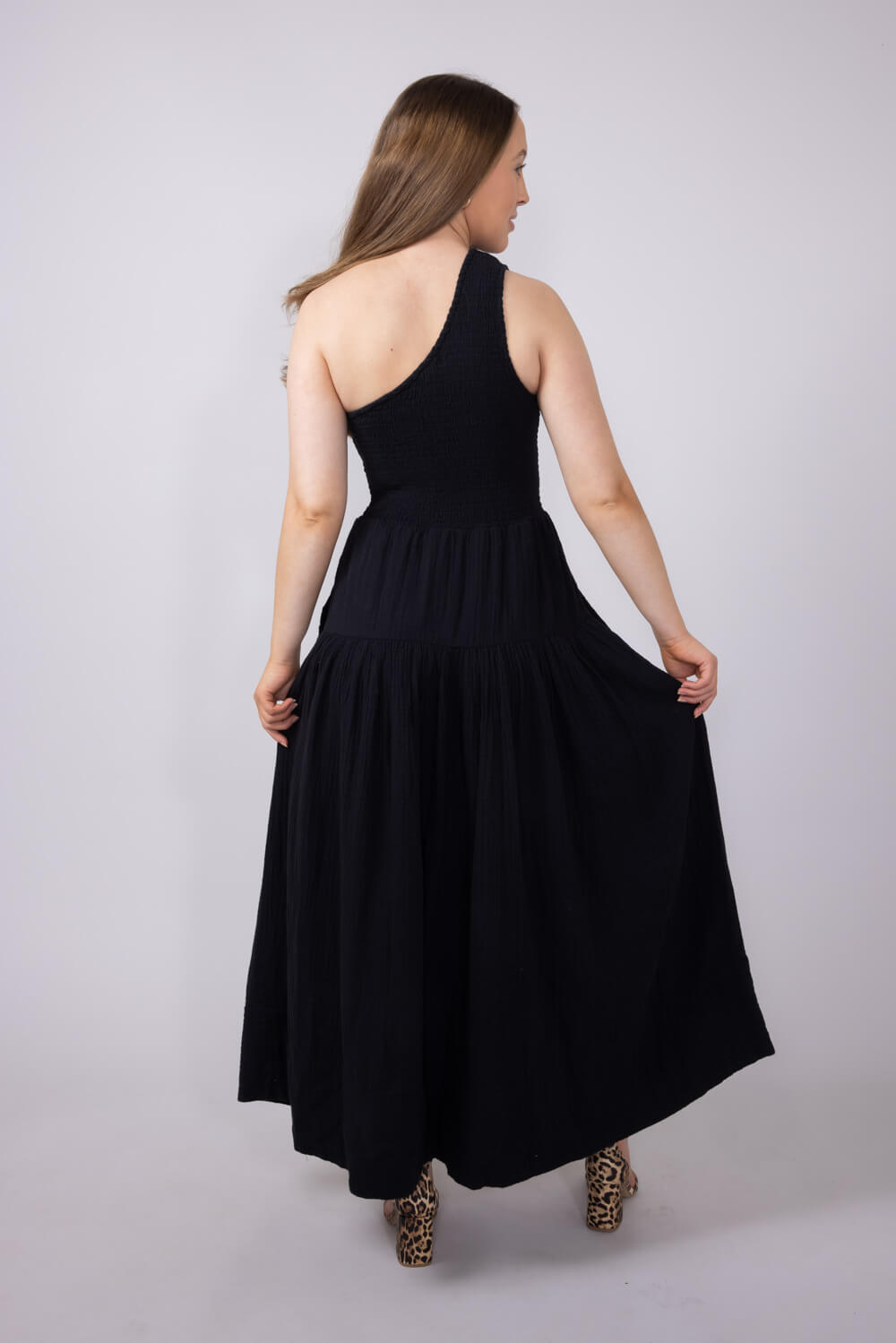 Elan One Shoulder Smocked Dress for Women in Black