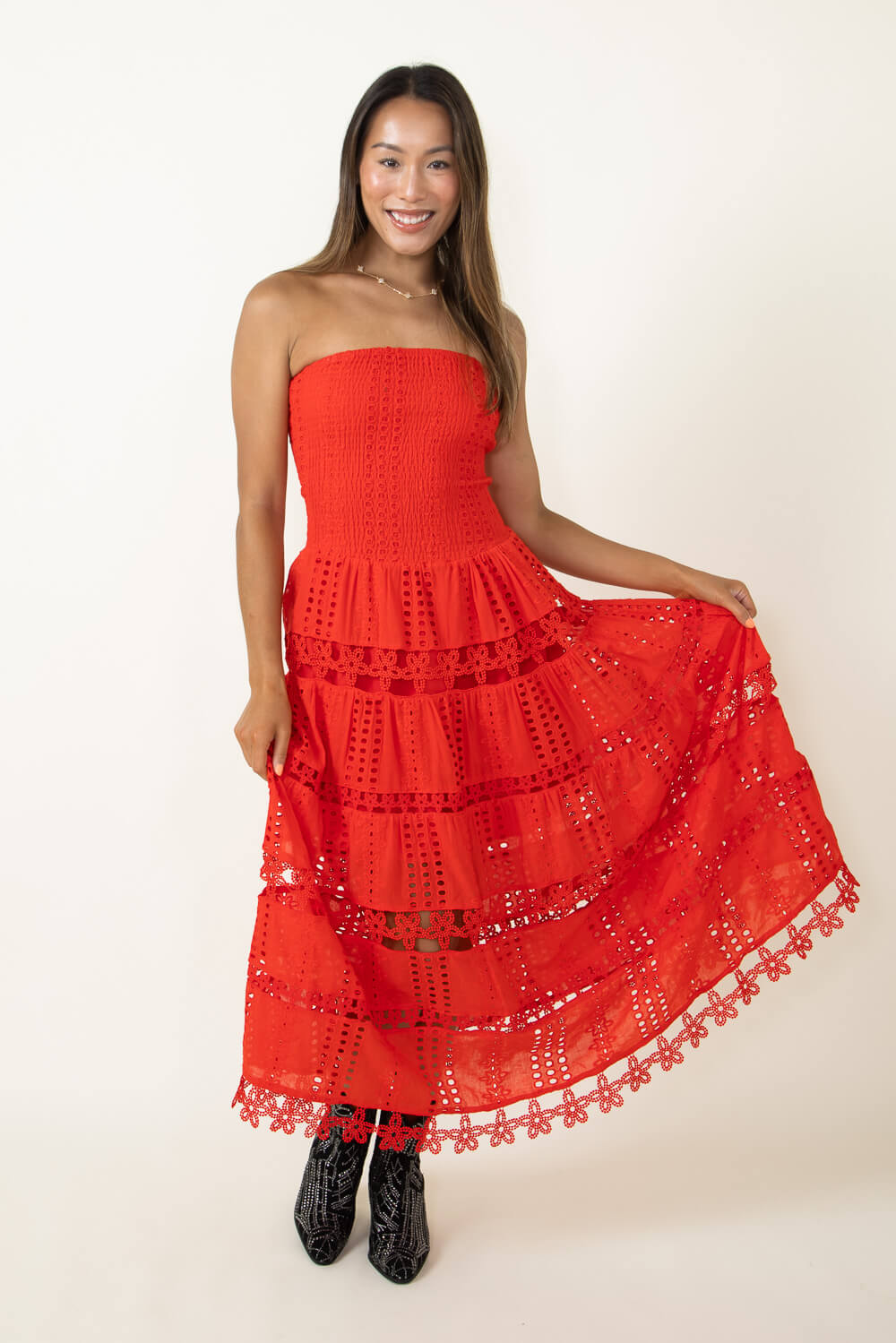 Eyelet Lace Strapless Midi Dress for Women in Red