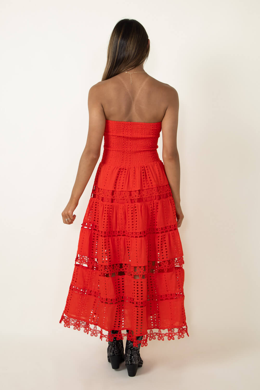Eyelet Lace Strapless Midi Dress for Women in Red