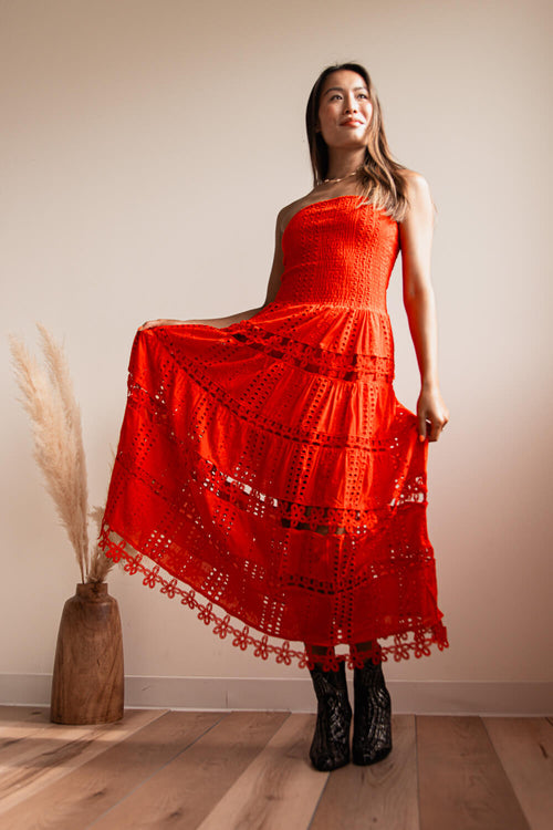 Eyelet Lace Strapless Midi Dress for Women in Red