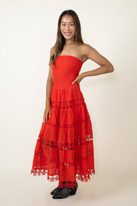 Eyelet Lace Strapless Midi Dress for Women in Red