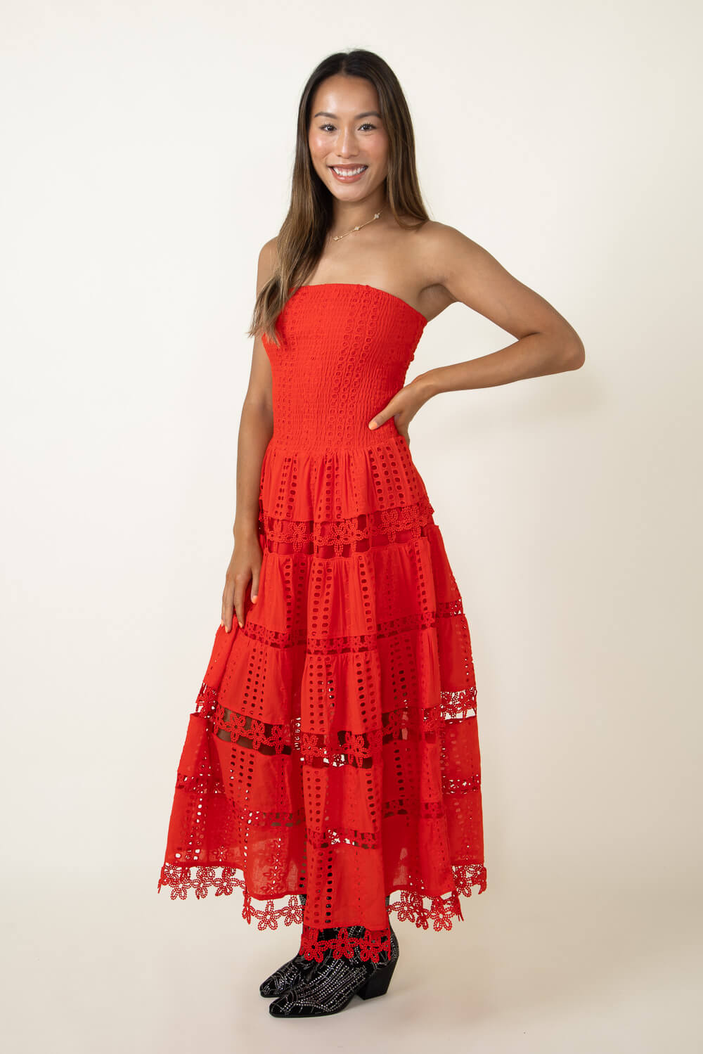 Eyelet Lace Strapless Midi Dress for Women in Red