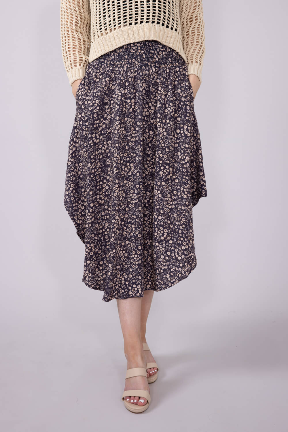 Ditsy Floral Hi-Low Midi Skirt for Women in Purple