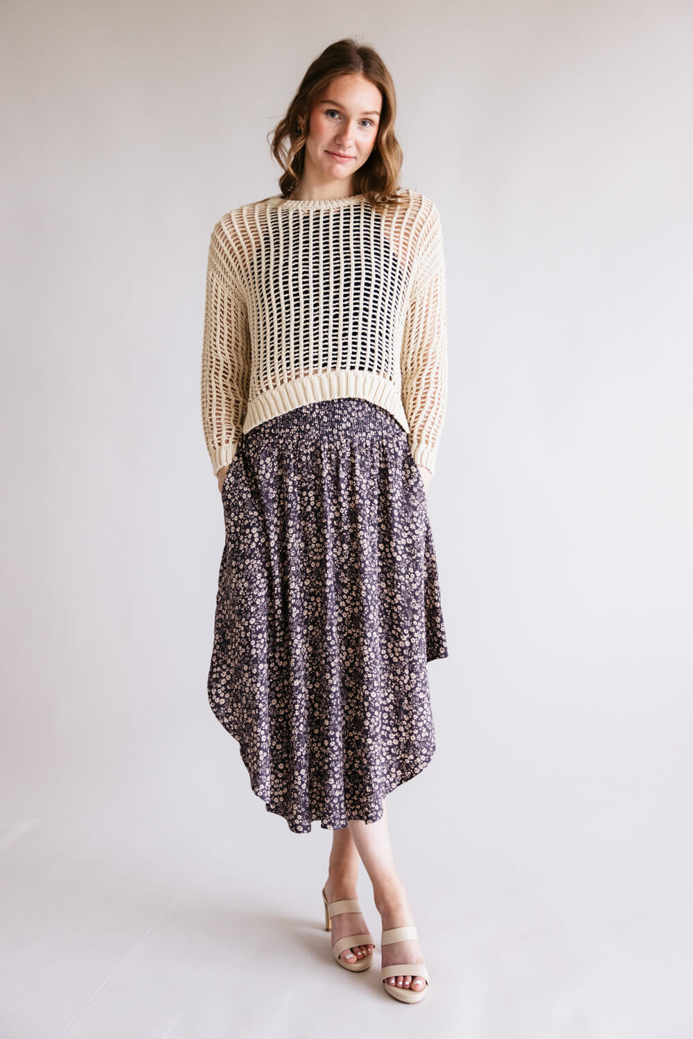Ditsy Floral Hi-Low Midi Skirt for Women in Purple