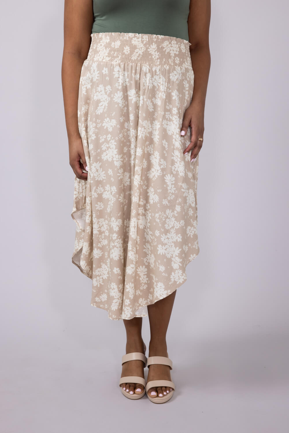 Ditsy Floral Hi-Low Midi Skirt for Women in White Taupe