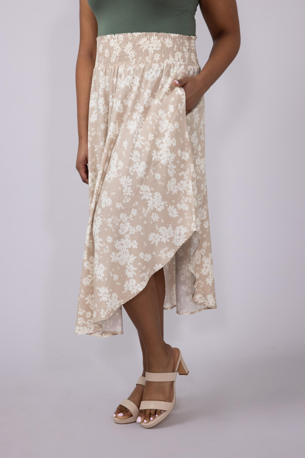 Ditsy Floral Hi-Low Midi Skirt for Women in White Taupe