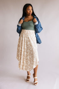 Ditsy Floral Hi-Low Midi Skirt for Women in White Taupe