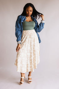 Ditsy Floral Hi-Low Midi Skirt for Women in White Taupe