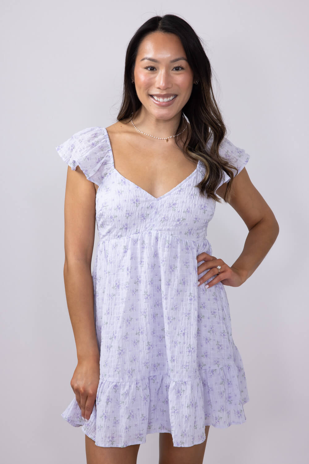Floral Flutter Sleeve Dress for Women in Lilac