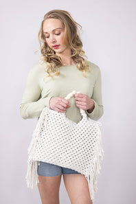 Fringe Knit Large Beach Bag for Women in Ivory