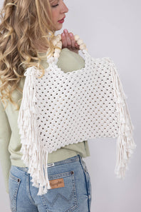 Fringe Knit Large Beach Bag for Women in Ivory