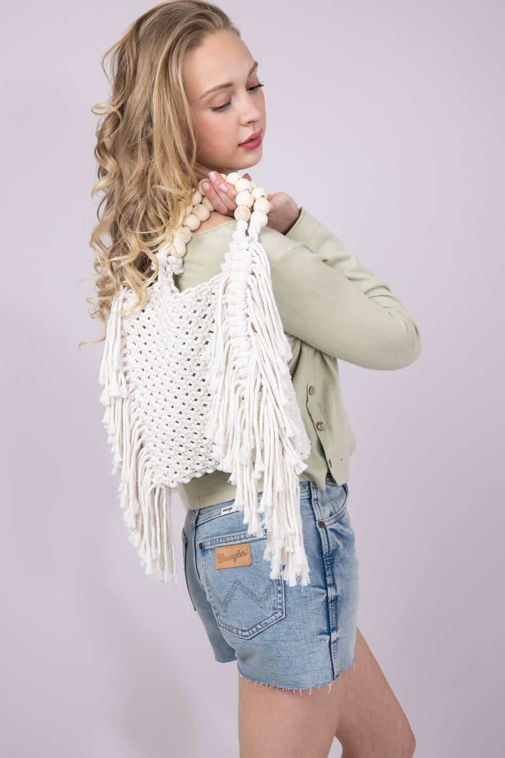 Fringe Knit Large Beach Bag for Women in Ivory