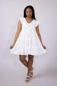 Textured Floral Button Tiered Dress for Women in White