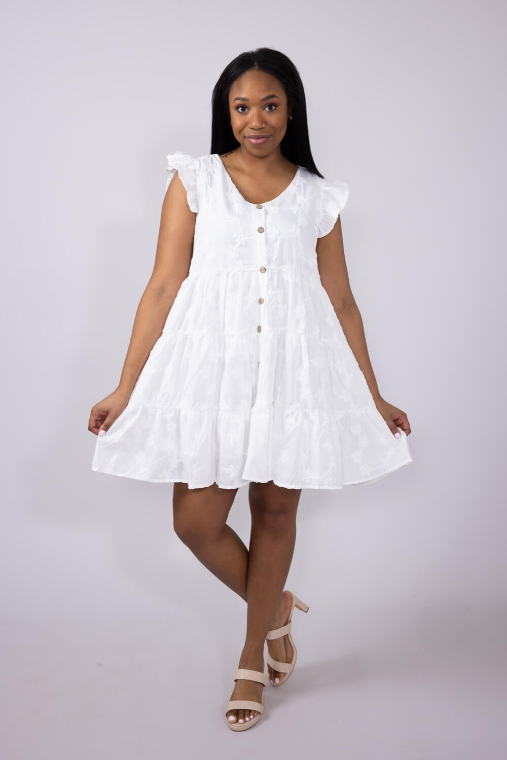 Textured Floral Button Tiered Dress for Women in White