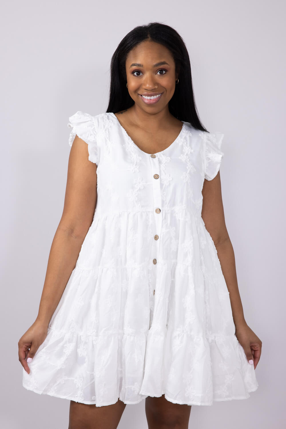 Textured Floral Button Tiered Dress for Women in White