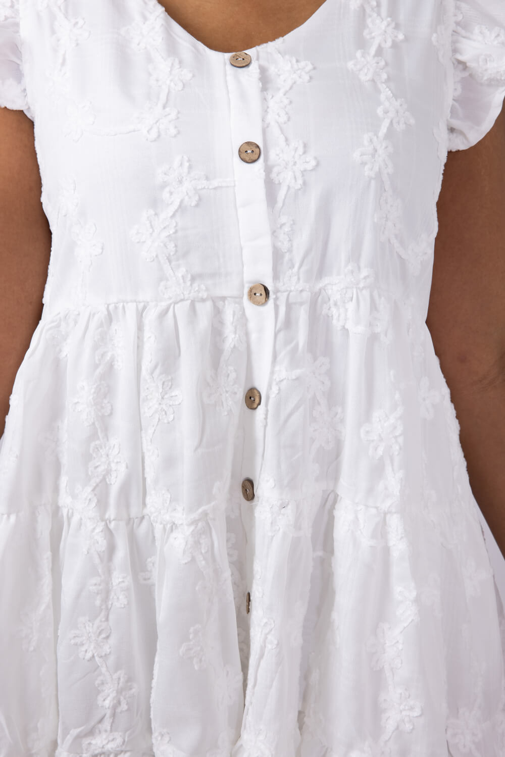 Textured Floral Button Tiered Dress for Women in White