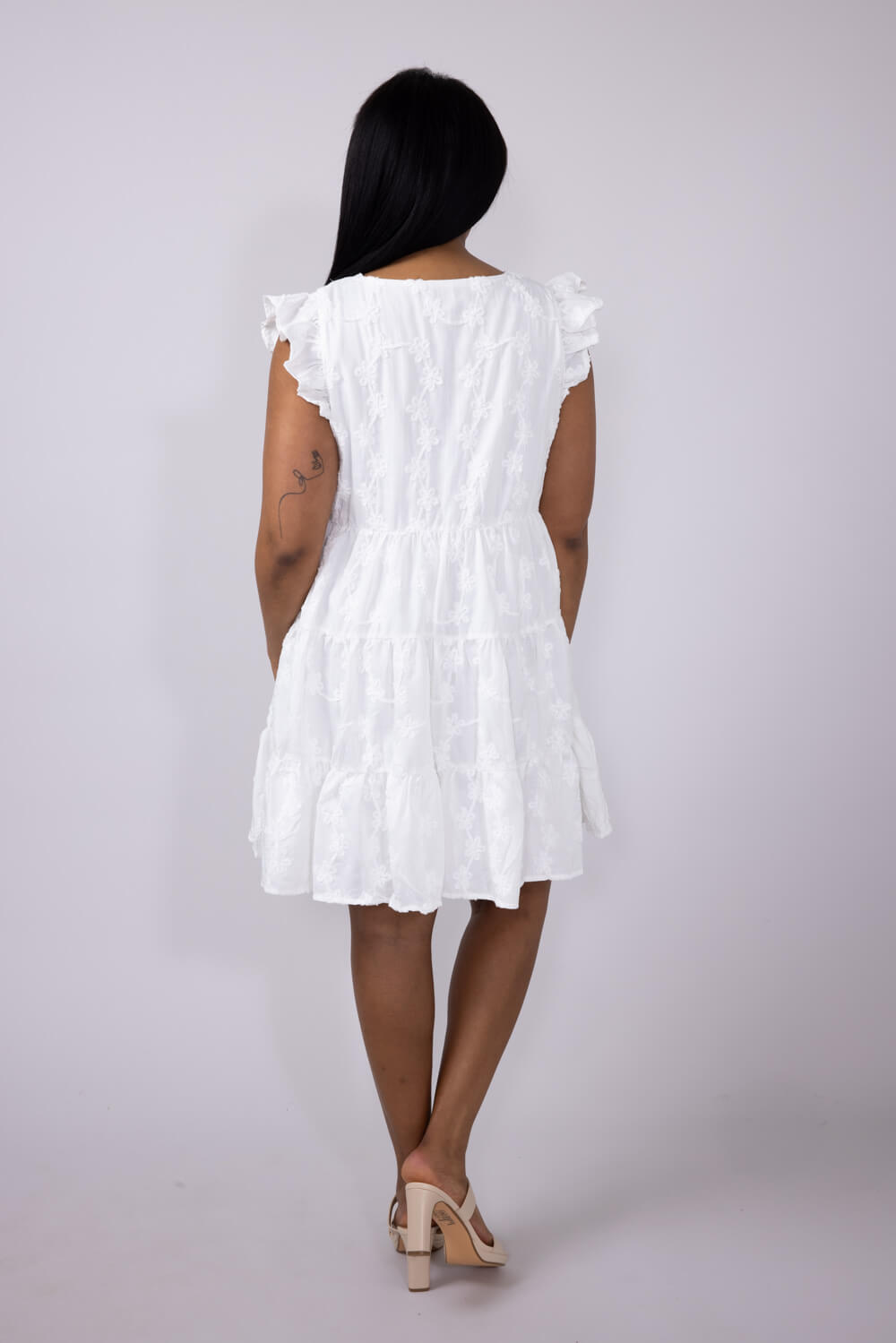 Textured Floral Button Tiered Dress for Women in White