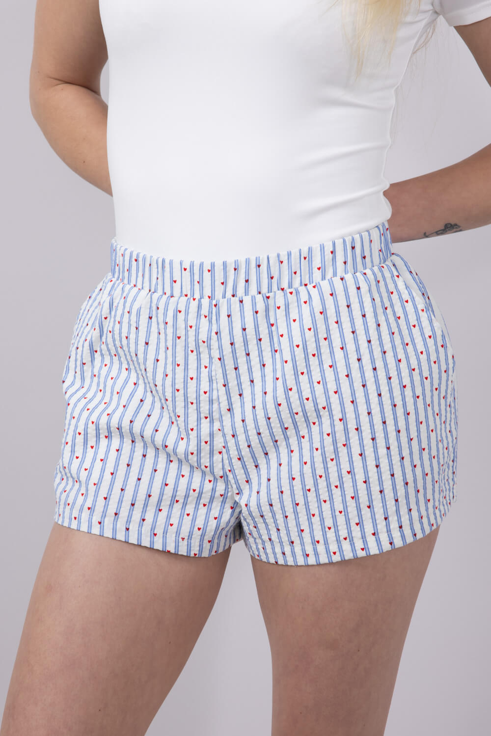 Heart Stripe Boxer Shorts for Women in White/Blue