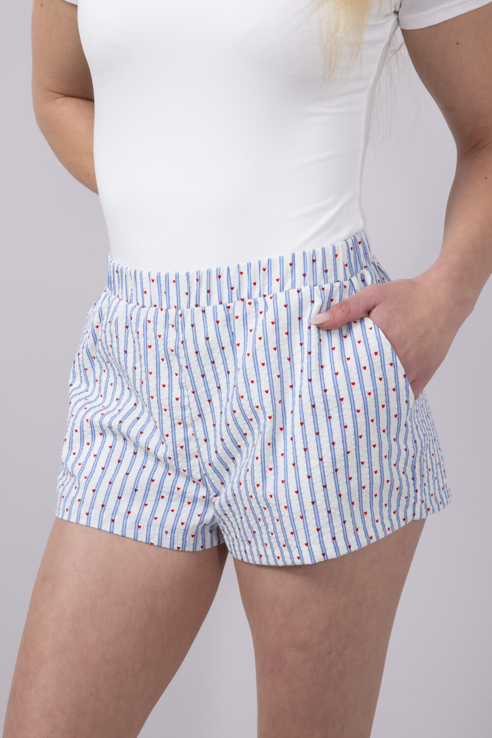 Heart Stripe Boxer Shorts for Women in White/Blue
