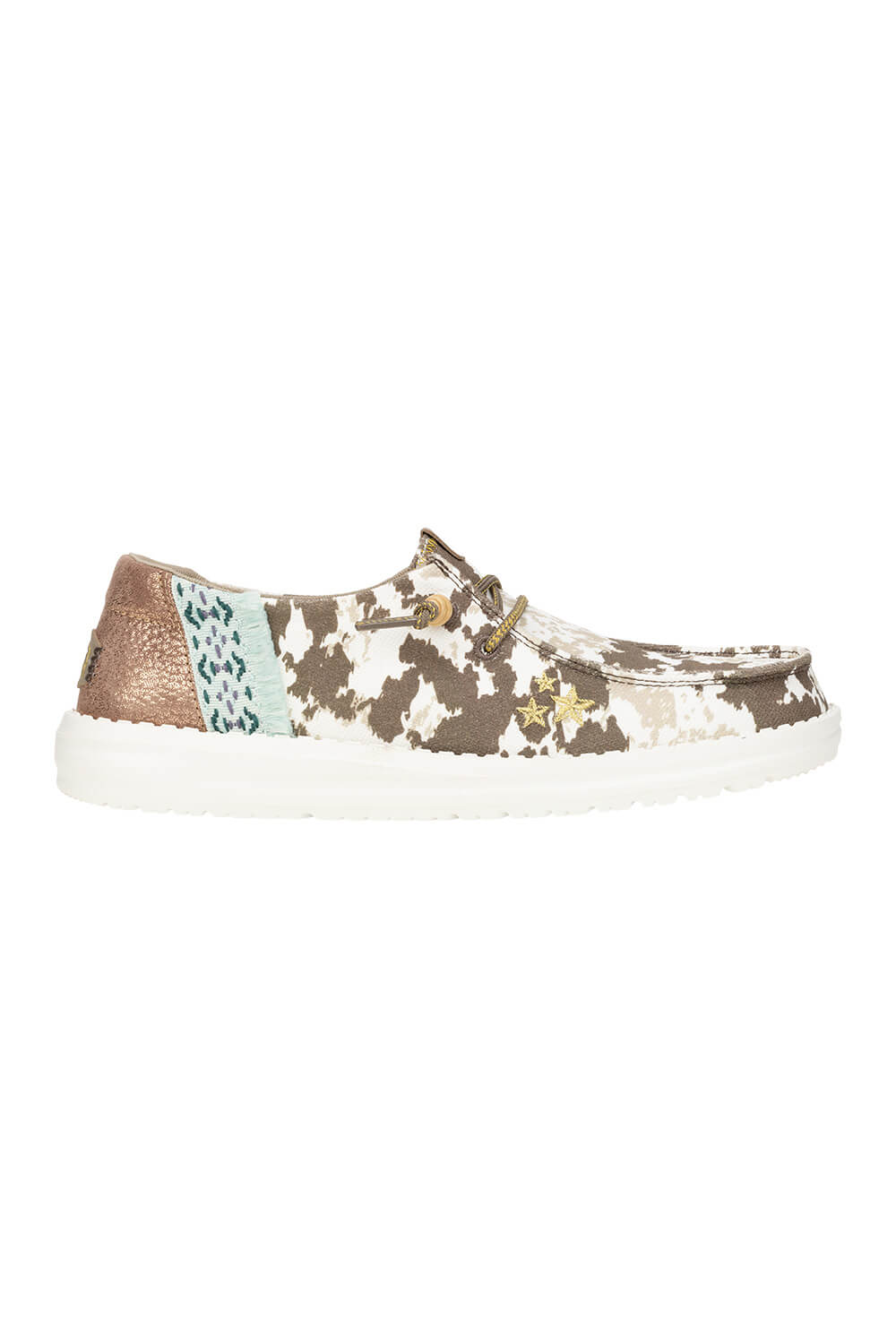 HEYDUDE Women’s Wendy Disco Cow Print Shoes in Tan