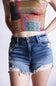 Hidden Frayed Hem Stretch Dark Wash Denim Shorts for Women