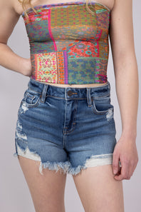 Hidden Frayed Hem Stretch Dark Wash Denim Shorts for Women