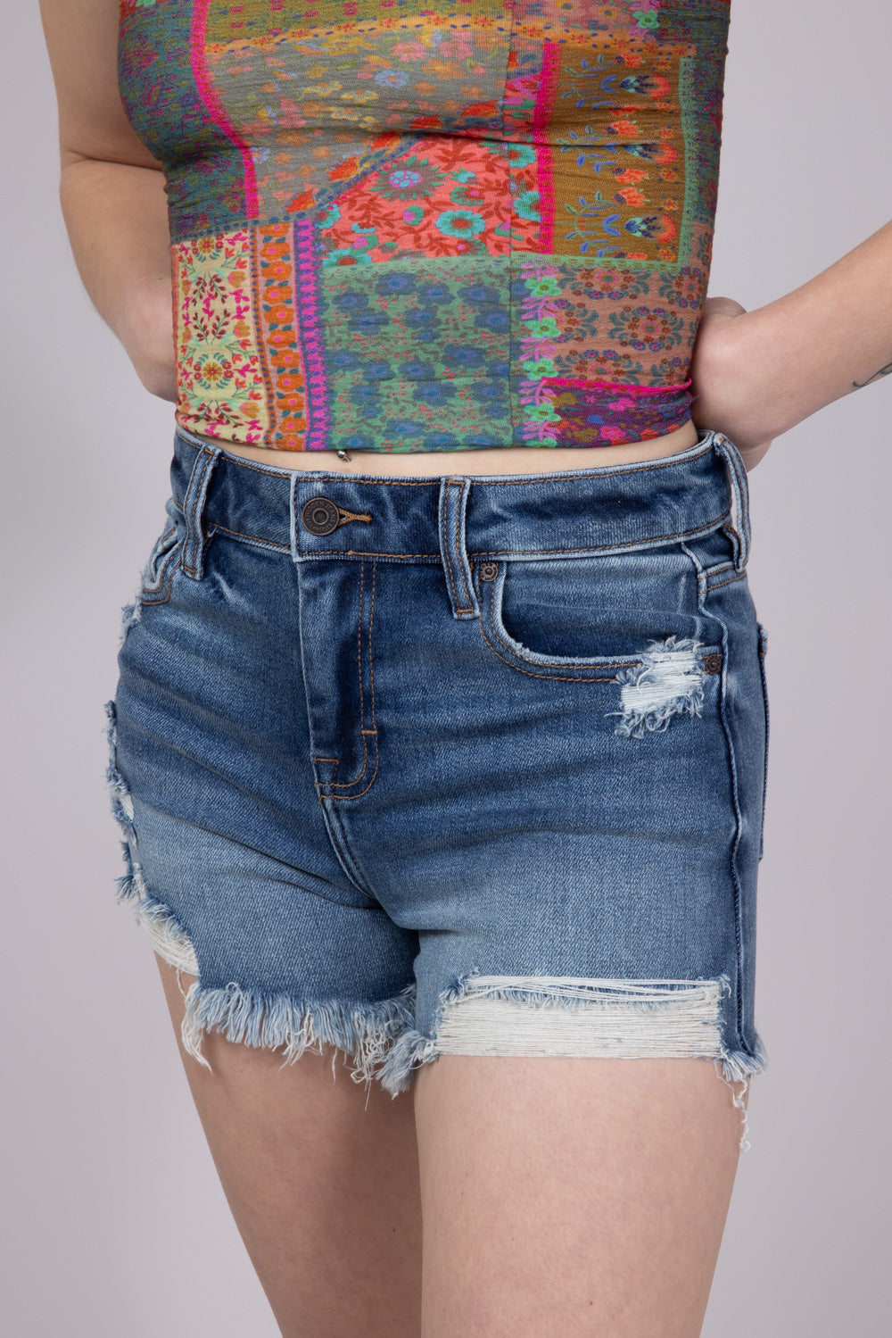 Hidden Frayed Hem Stretch Dark Wash Denim Shorts for Women