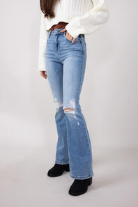 Hidden High Rise Flare Distressed Jeans for Women in Medium Wash