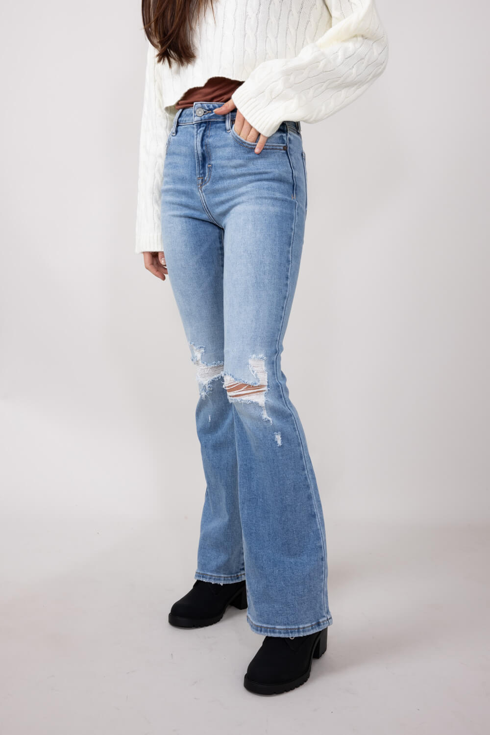 Hidden High Rise Flare Distressed Jeans for Women in Medium Wash