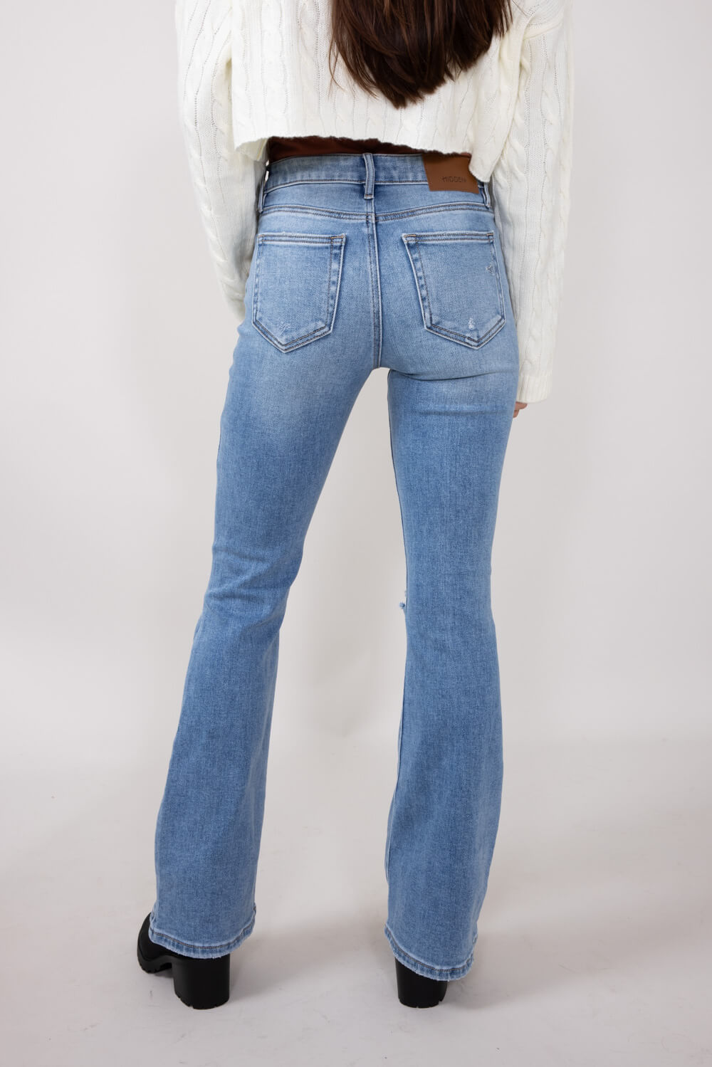 Hidden High Rise Flare Distressed Jeans for Women in Medium Wash