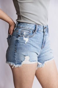 Hidden Frayed Hem Stretch Light Wash Denim Shorts for Women
